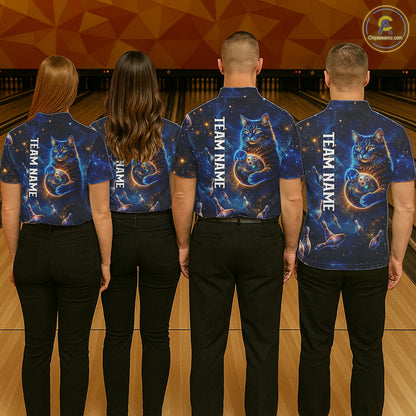 Custom Galaxy Blue Funny Cat Bowling Team Shirt Bowling Jersey Polo & 1/4 Zip Bowling Unisex For Men NYN3123