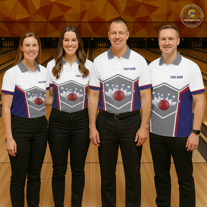 Red, Blue And Gray Bowling Pin Jerseys For Men Custom Bowling Polo 1/4-Zip Shirt, Gift For Bowlers NYN3125