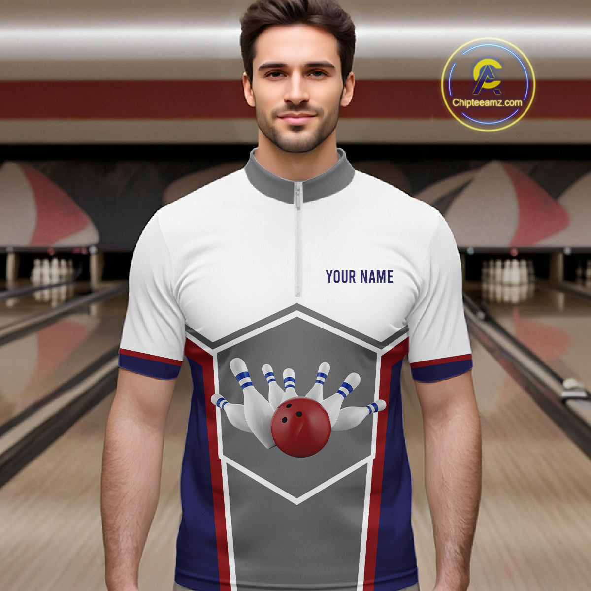 Red, Blue And Gray Bowling Pin Jerseys For Men Custom Bowling Polo 1/4-Zip Shirt, Gift For Bowlers NYN3125