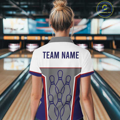 Red, Blue And Gray Bowling Pin Jerseys For Women Custom Bowling Polo 1/4-Zip Shirt, Gift For Bowlers NYN3125