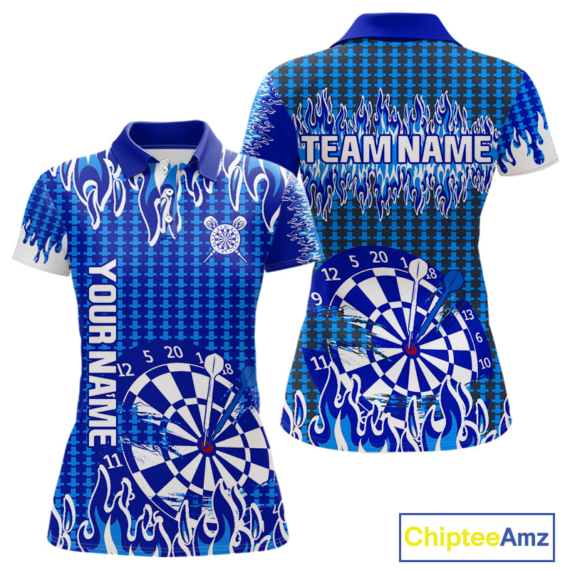 Blue Flames Dart Shirt For Women Dartboard Design - Custom Team & Player Name NYN0345