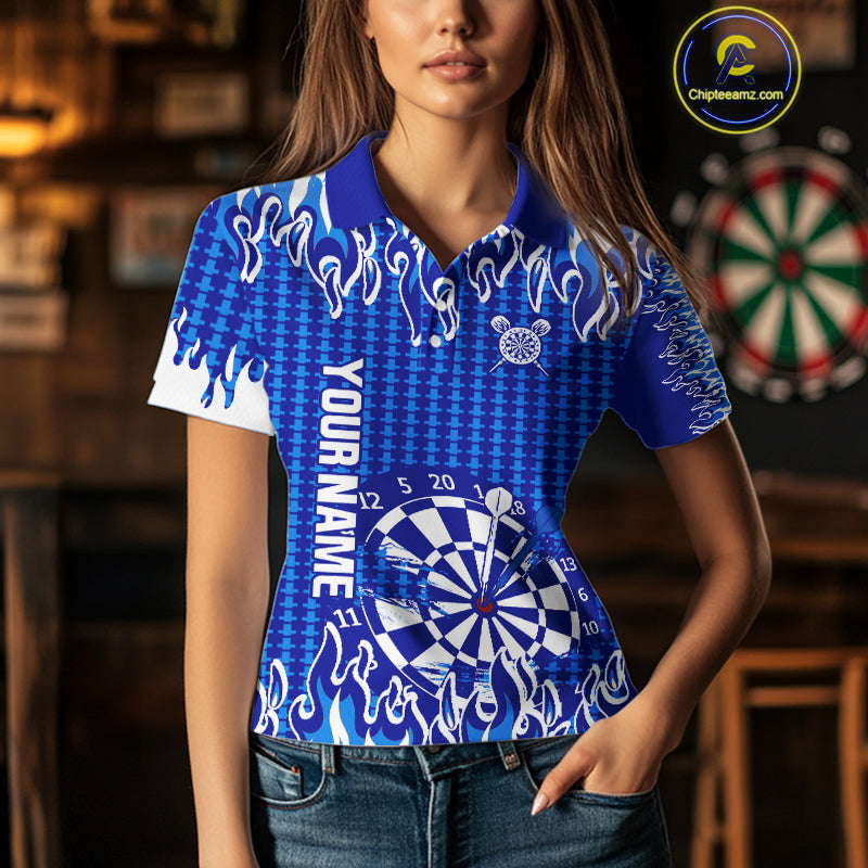 Blue Flames Dart Shirt For Women Dartboard Design - Custom Team & Player Name NYN0345
