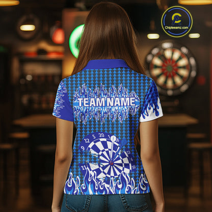 Blue Flames Dart Shirt For Women Dartboard Design - Custom Team & Player Name NYN0345