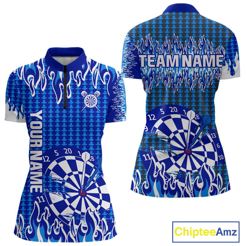 Blue Flames Dart Shirt For Women Dartboard Design - Custom Team & Player Name NYN0345