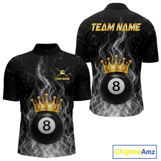 Personalized gold crown 8 ball billiard 1/4-zip shirt for men with fire flame design
