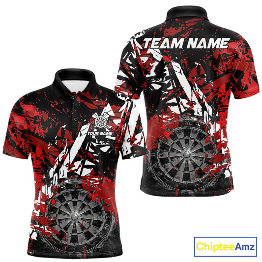Black white red grunge men's darts polo shirt, smoke dartboard dart jersey, custom darts team uniform, personalized dart apparel, tournament darts clothing