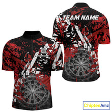 Load image into Gallery viewer, Black white red grunge men's quarter-zip darts shirt, smoke dartboard team jersey, custom dart league uniform, professional darts apparel