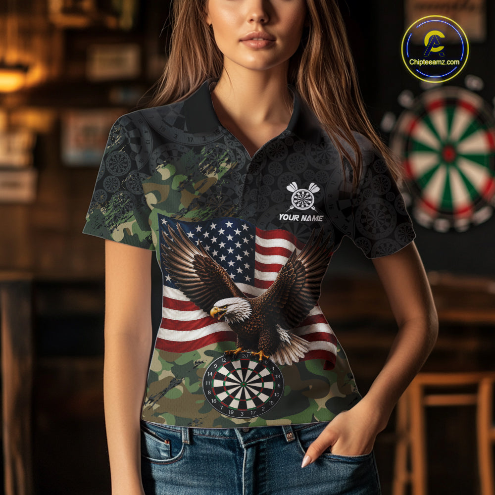 Female model wearing Green Camouflage Eagle American Flag darts polo shirt during tournament, personalized patriotic team apparel, military inspired sportswear, confidence, leadership, outdoor lifestyle