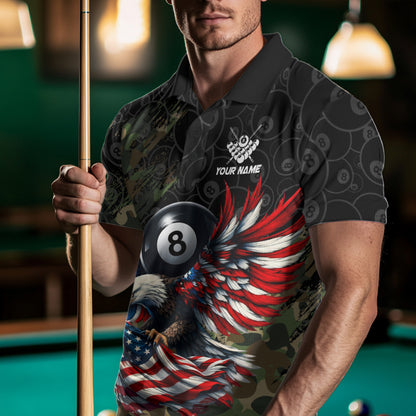 Male model wearing Green Camouflage Eagle American Flag billiard polo shirt during pool league competition, tactical athletic apparel, honor, teamwork, strength