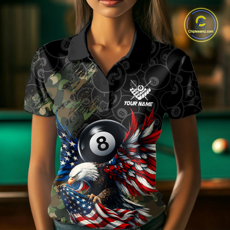 Female model wearing Green Camouflage Eagle billiard polo during tournament, personalized patriotic cue sports apparel, military inspired performance, confidence, leadership