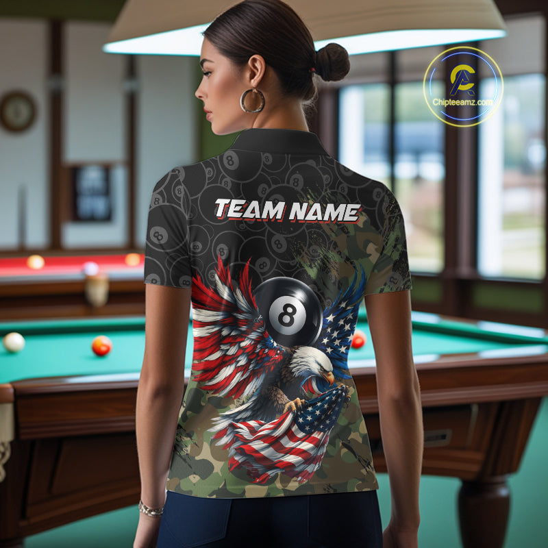 Female model wearing Green Camouflage Eagle billiard polo during tournament, personalized patriotic cue sports apparel, military inspired performance, confidence, leadership