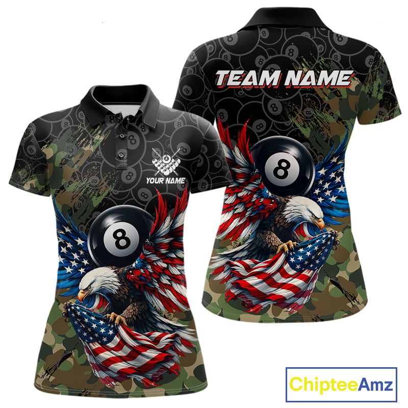 Custom Green Camouflage Eagle American Flag Women's Billiard Polo Shirt, Personalized Tactical Pool Team Jersey, Patriot Cue Sports Apparel, Military Style, Strength, Honor & Teamwork