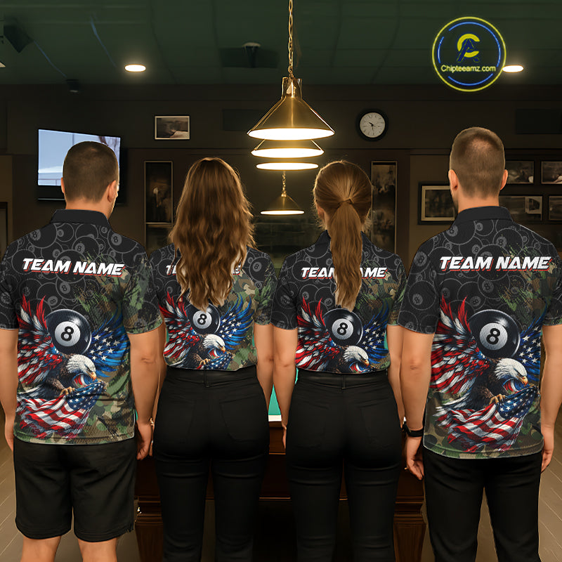 Pool team wearing matching Green Camouflage Eagle polo and quarter-zip jerseys, personalized patriotic billiard uniforms, teamwork, military appreciation, leadership, championship performance