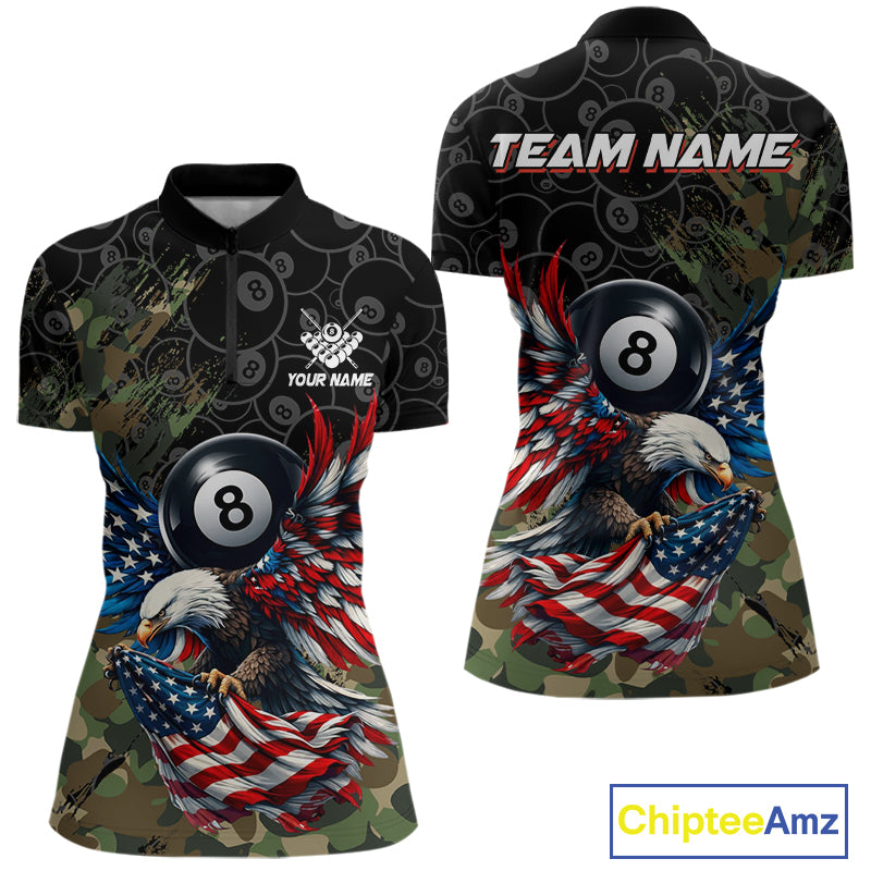Green Camouflage Eagle Women's Quarter-Zip Billiard Shirt, Personalized American Flag Pool Tournament Jersey, Tactical Performance Apparel, Leadership & Victory