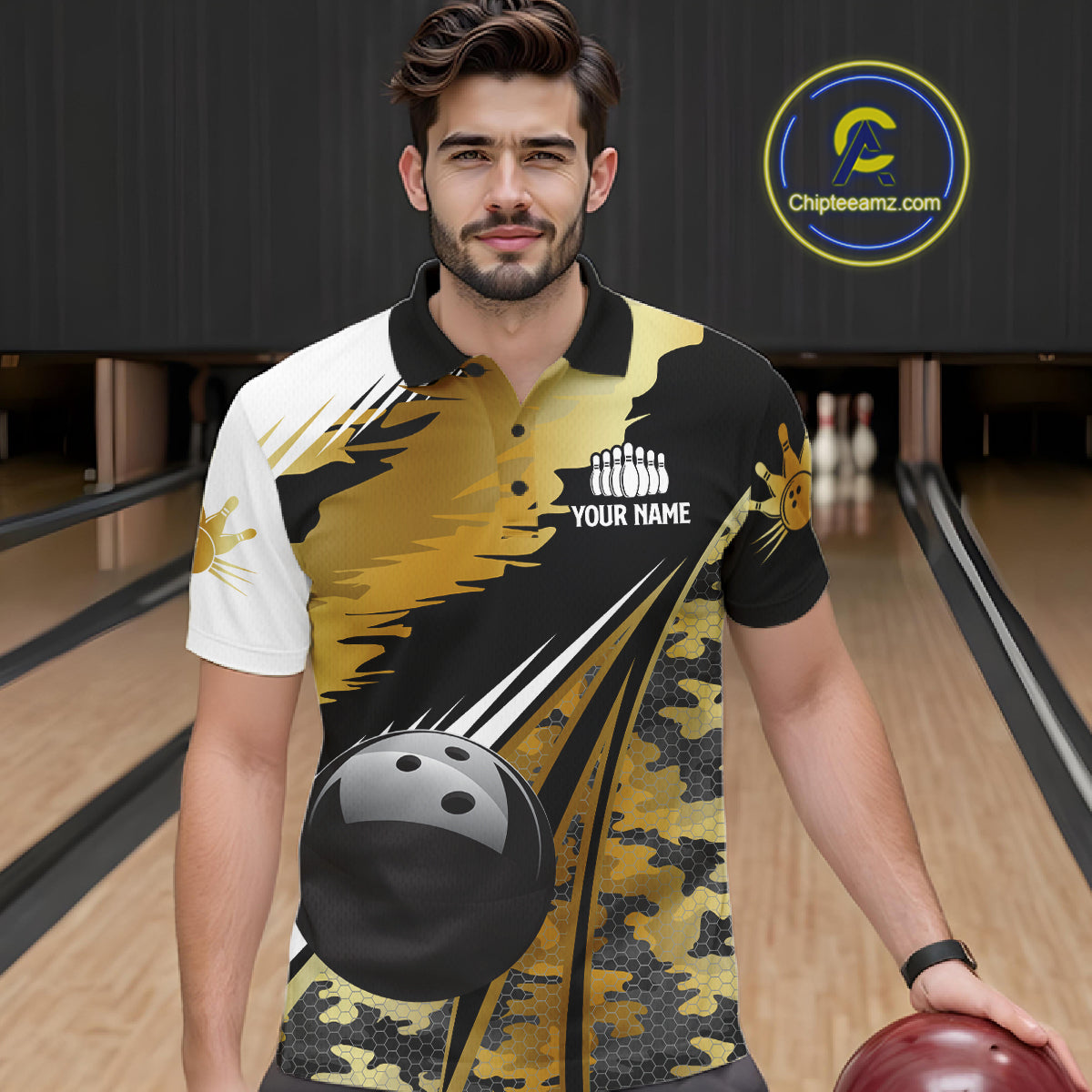 Mens Bowling Polo Quarter-Zip Shirts Custom Black Ball Gold Camo Bowling Team Jersey, Gift For Bowlers NYN4192