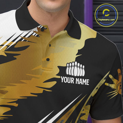 Mens Bowling Polo Quarter-Zip Shirts Custom Black Ball Gold Camo Bowling Team Jersey, Gift For Bowlers NYN4192
