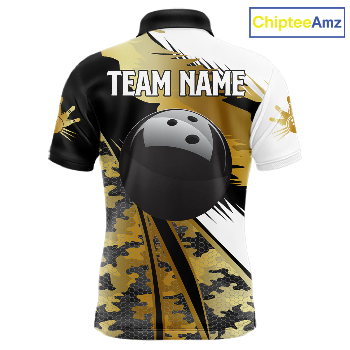 Mens Bowling Polo Quarter-Zip Shirts Custom Black Ball Gold Camo Bowling Team Jersey, Gift For Bowlers NYN4192