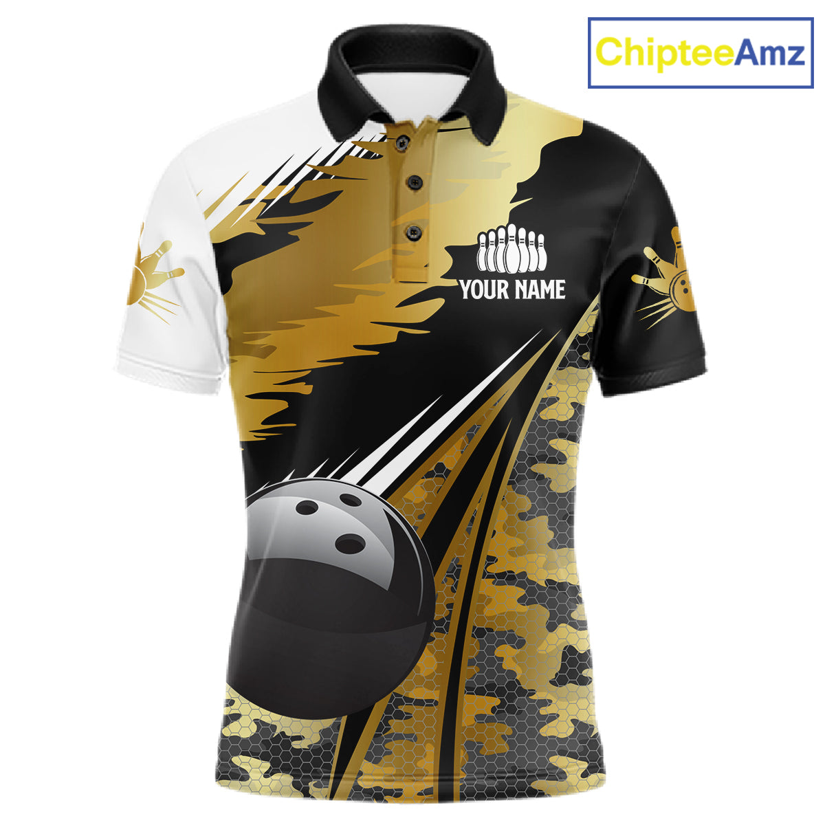 Mens Bowling Polo Quarter-Zip Shirts Custom Black Ball Gold Camo Bowling Team Jersey, Gift For Bowlers NYN4192