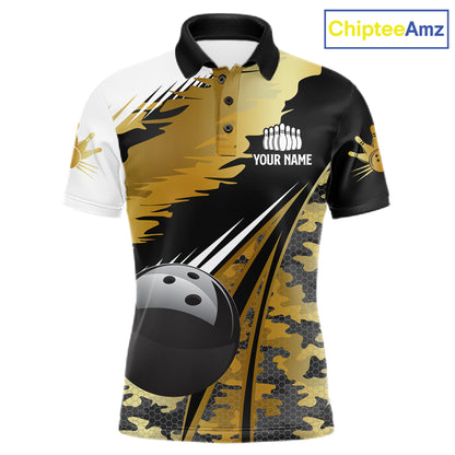Mens Bowling Polo Quarter-Zip Shirts Custom Black Ball Gold Camo Bowling Team Jersey, Gift For Bowlers NYN4192