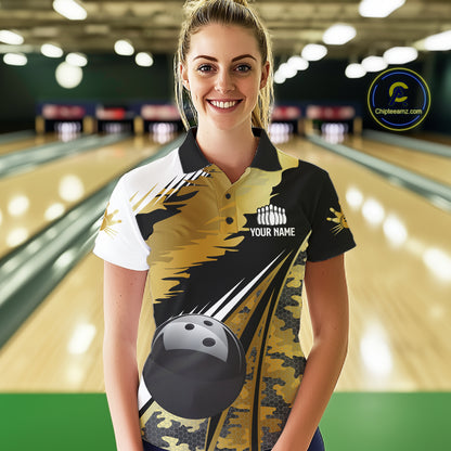 Women Bowling Polo Quarter-Zip Shirts Custom Black Ball Gold Camo Bowling Team Jersey, Gift For Bowlers NYN4192