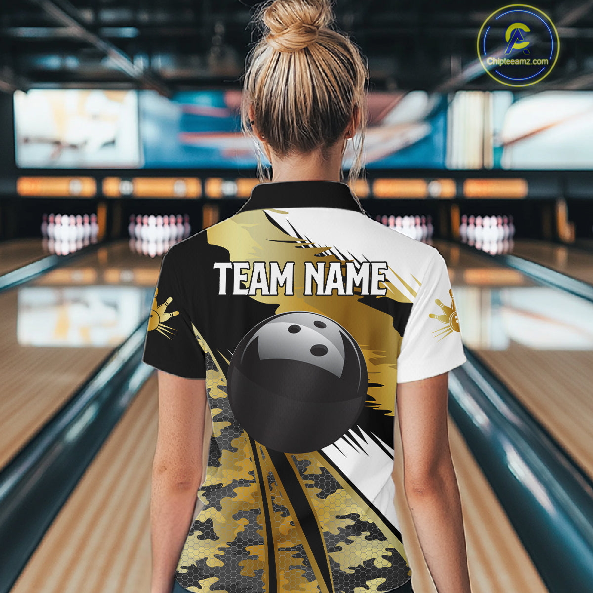 Women Bowling Polo Quarter-Zip Shirts Custom Black Ball Gold Camo Bowling Team Jersey, Gift For Bowlers NYN4192