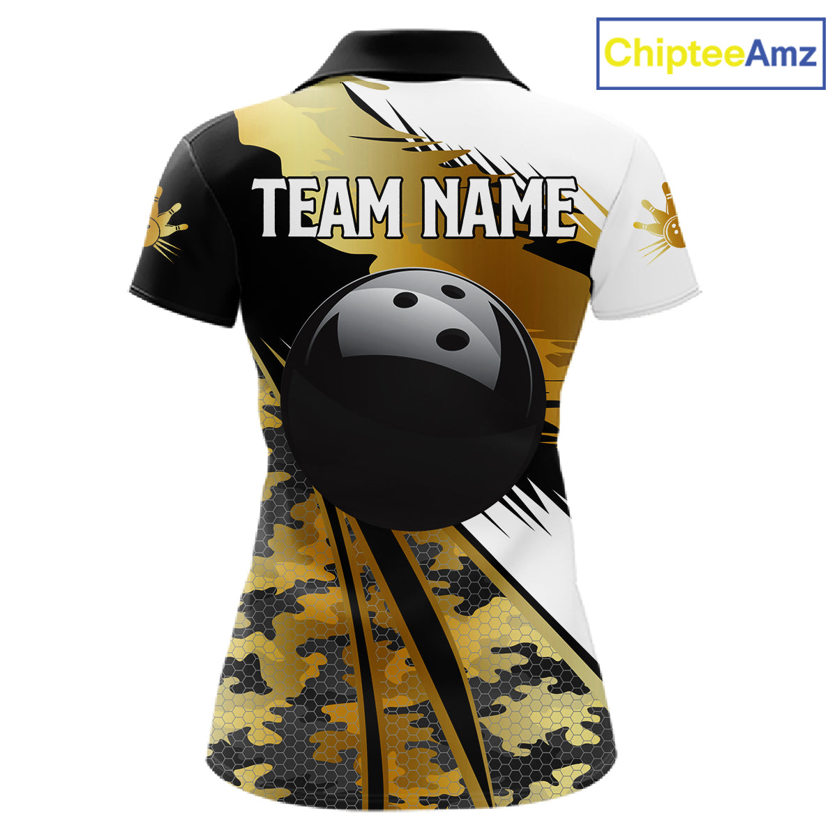 Women Bowling Polo Quarter-Zip Shirts Custom Black Ball Gold Camo Bowling Team Jersey, Gift For Bowlers NYN4192