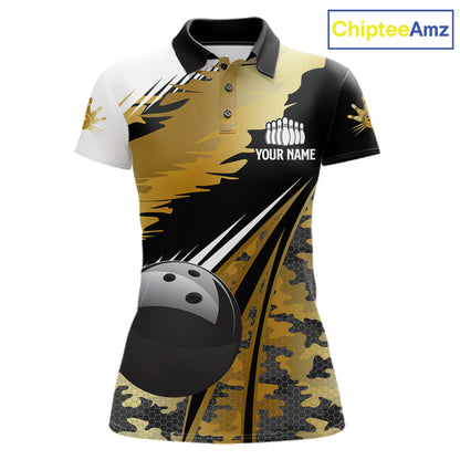 Women Bowling Polo Quarter-Zip Shirts Custom Black Ball Gold Camo Bowling Team Jersey, Gift For Bowlers NYN4192