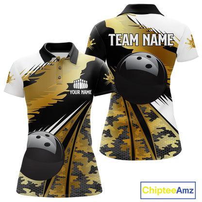 Women Bowling Polo Quarter-Zip Shirts Custom Black Ball Gold Camo Bowling Team Jersey, Gift For Bowlers NYN4192