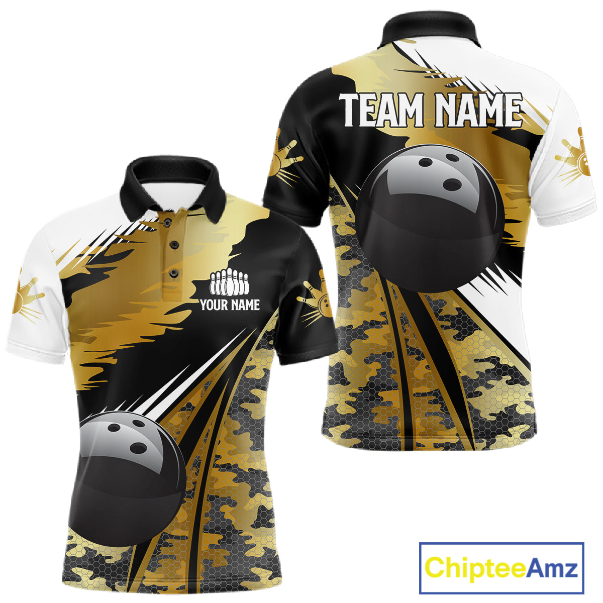Mens Bowling Polo Quarter-Zip Shirts Custom Black Ball Gold Camo Bowling Team Jersey, Gift For Bowlers NYN4192