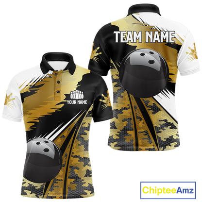 Mens Bowling Polo Quarter-Zip Shirts Custom Black Ball Gold Camo Bowling Team Jersey, Gift For Bowlers NYN4192