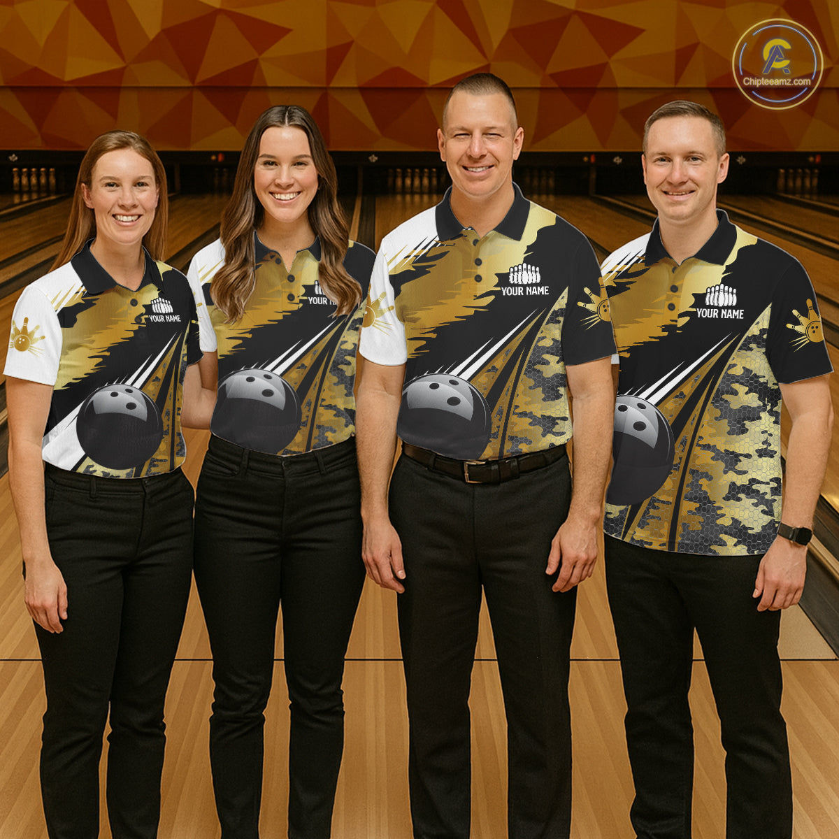 Mens Bowling Polo Quarter-Zip Shirts Custom Black Ball Gold Camo Bowling Team Jersey, Gift For Bowlers NYN4192