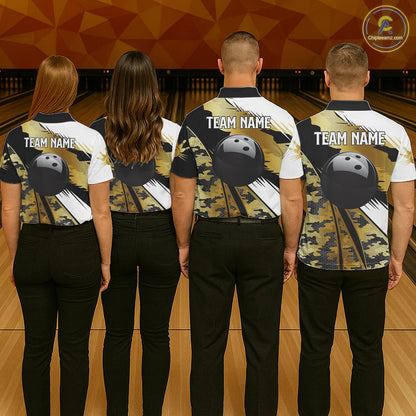 Mens Bowling Polo Quarter-Zip Shirts Custom Black Ball Gold Camo Bowling Team Jersey, Gift For Bowlers NYN4192