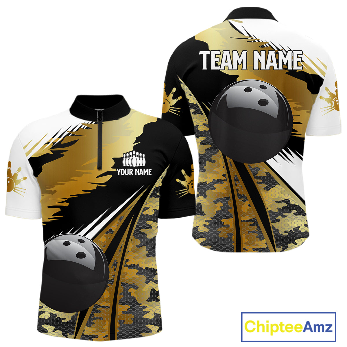 Mens Bowling Polo Quarter-Zip Shirts Custom Black Ball Gold Camo Bowling Team Jersey, Gift For Bowlers NYN4192