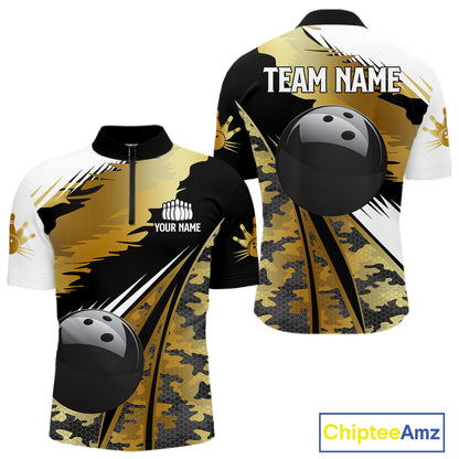 Mens Bowling Polo Quarter-Zip Shirts Custom Black Ball Gold Camo Bowling Team Jersey, Gift For Bowlers NYN4192