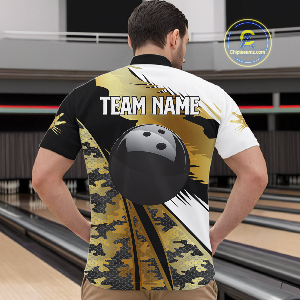 Mens Bowling Polo Quarter-Zip Shirts Custom Black Ball Gold Camo Bowling Team Jersey, Gift For Bowlers NYN4192