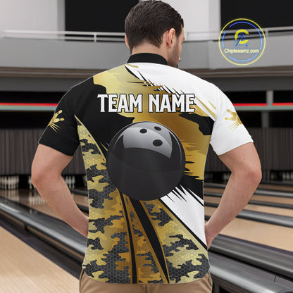 Mens Bowling Polo Quarter-Zip Shirts Custom Black Ball Gold Camo Bowling Team Jersey, Gift For Bowlers NYN4192