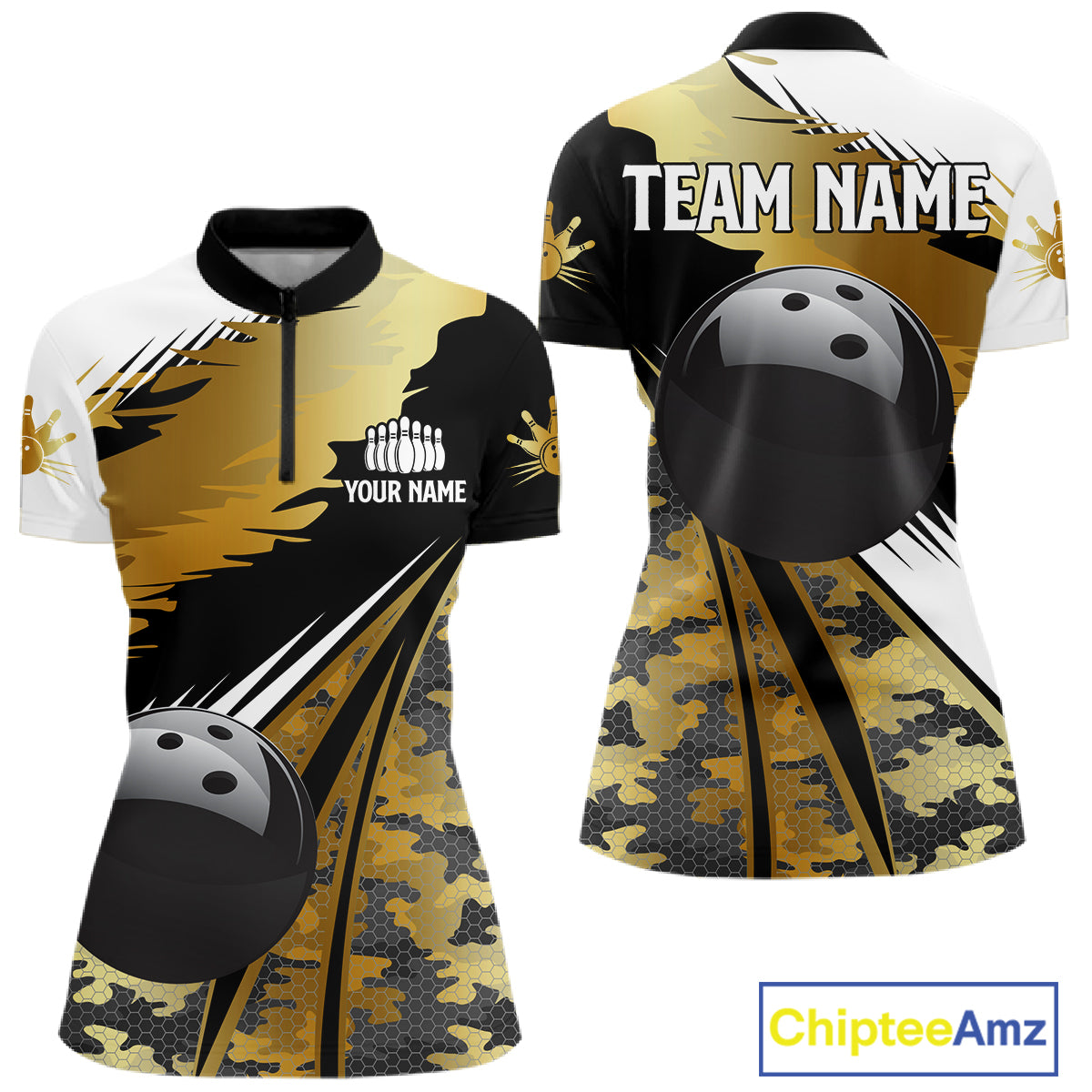 Women Bowling Polo Quarter-Zip Shirts Custom Black Ball Gold Camo Bowling Team Jersey, Gift For Bowlers NYN4192