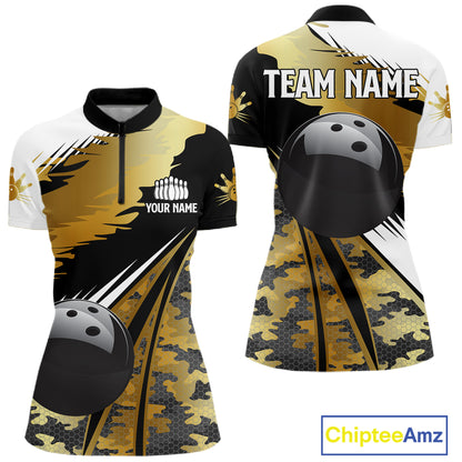 Women Bowling Polo Quarter-Zip Shirts Custom Black Ball Gold Camo Bowling Team Jersey, Gift For Bowlers NYN4192