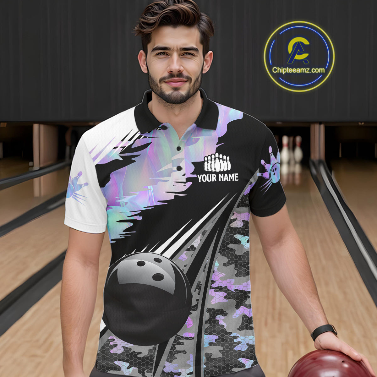 Mens Bowling Polo Quarter-Zip Shirts Custom Black Ball Holographic Camo Bowling Team Jersey, Gift For Bowlers NYN4193