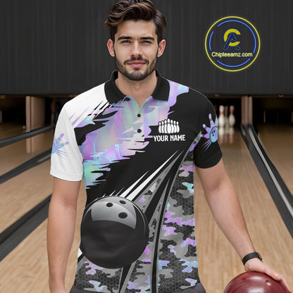 Mens Bowling Polo Quarter-Zip Shirts Custom Black Ball Holographic Camo Bowling Team Jersey, Gift For Bowlers NYN4193