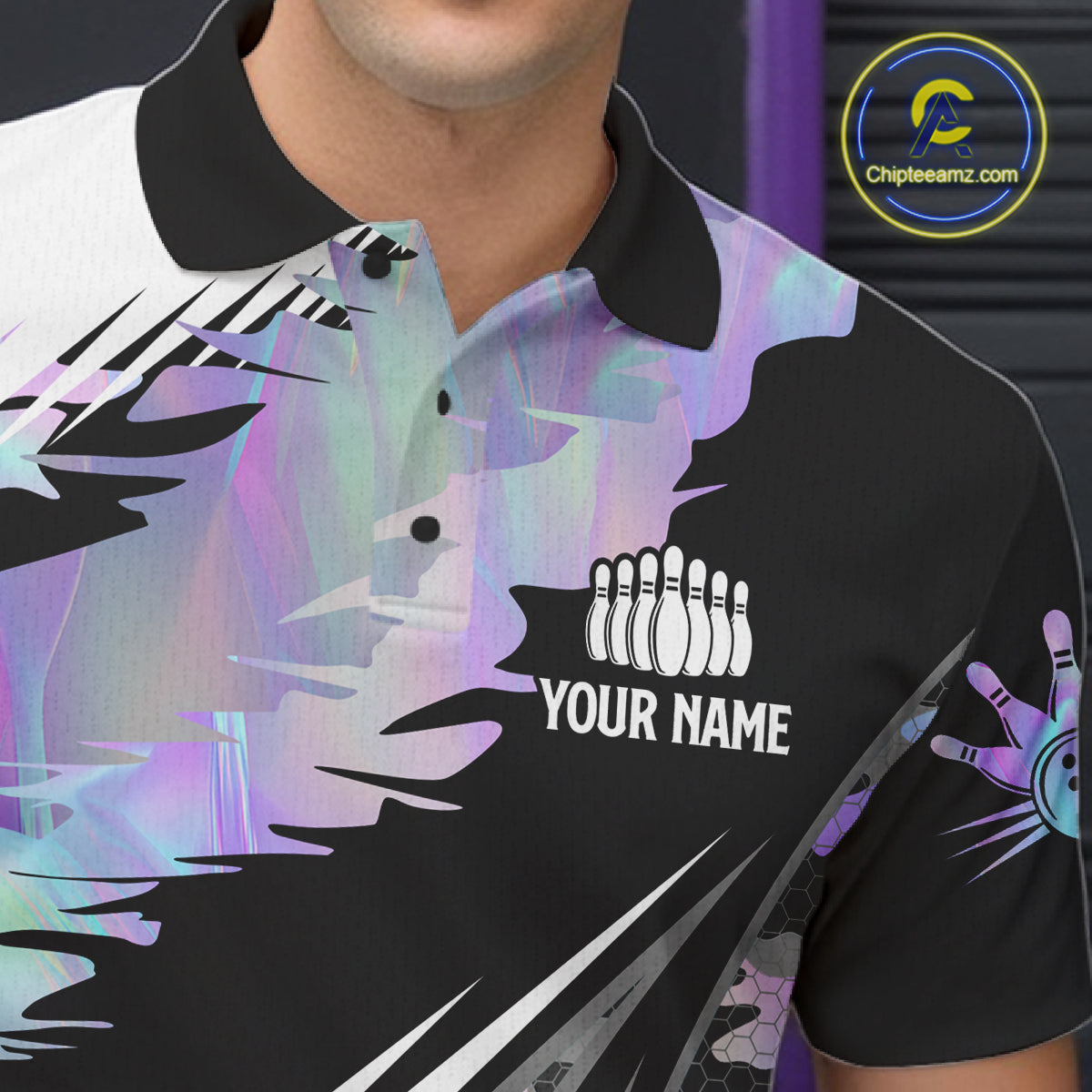 Mens Bowling Polo Quarter-Zip Shirts Custom Black Ball Holographic Camo Bowling Team Jersey, Gift For Bowlers NYN4193
