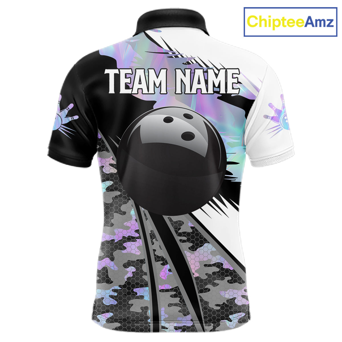 Mens Bowling Polo Quarter-Zip Shirts Custom Black Ball Holographic Camo Bowling Team Jersey, Gift For Bowlers NYN4193