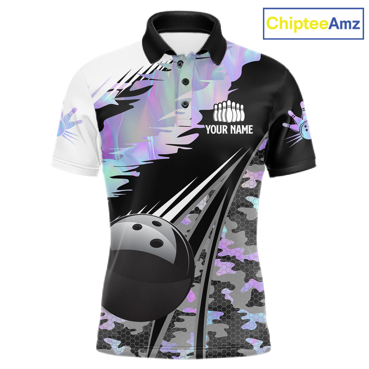 Mens Bowling Polo Quarter-Zip Shirts Custom Black Ball Holographic Camo Bowling Team Jersey, Gift For Bowlers NYN4193