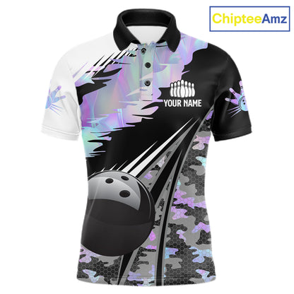 Mens Bowling Polo Quarter-Zip Shirts Custom Black Ball Holographic Camo Bowling Team Jersey, Gift For Bowlers NYN4193