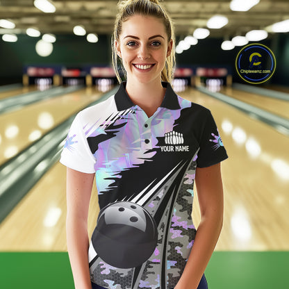 Women Bowling Polo Quarter-Zip Shirts Custom Black Ball Holographic Camo Bowling Team Jersey, Gift For Bowlers NYN4193