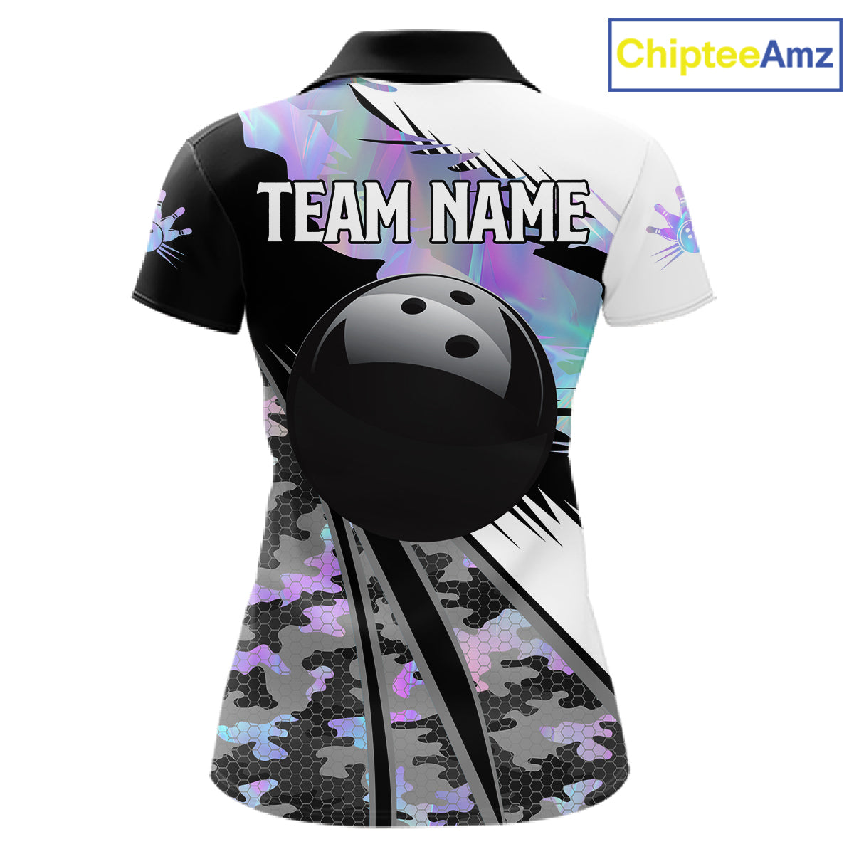 Women Bowling Polo Quarter-Zip Shirts Custom Black Ball Holographic Camo Bowling Team Jersey, Gift For Bowlers NYN4193