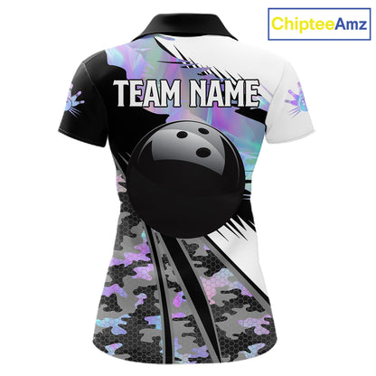 Women Bowling Polo Quarter-Zip Shirts Custom Black Ball Holographic Camo Bowling Team Jersey, Gift For Bowlers NYN4193