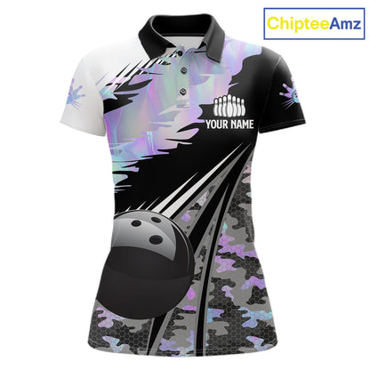 Women Bowling Polo Quarter-Zip Shirts Custom Black Ball Holographic Camo Bowling Team Jersey, Gift For Bowlers NYN4193