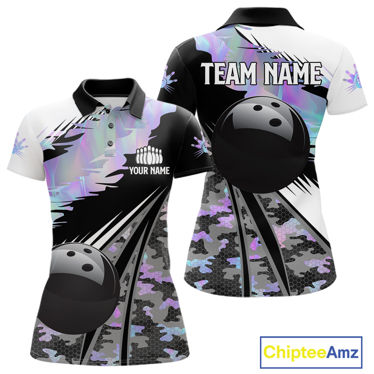 Women Bowling Polo Quarter-Zip Shirts Custom Black Ball Holographic Camo Bowling Team Jersey, Gift For Bowlers NYN4193