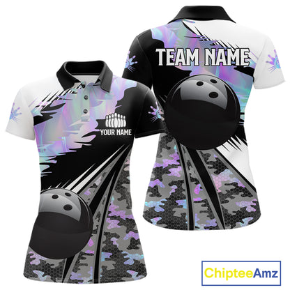 Women Bowling Polo Quarter-Zip Shirts Custom Black Ball Holographic Camo Bowling Team Jersey, Gift For Bowlers NYN4193